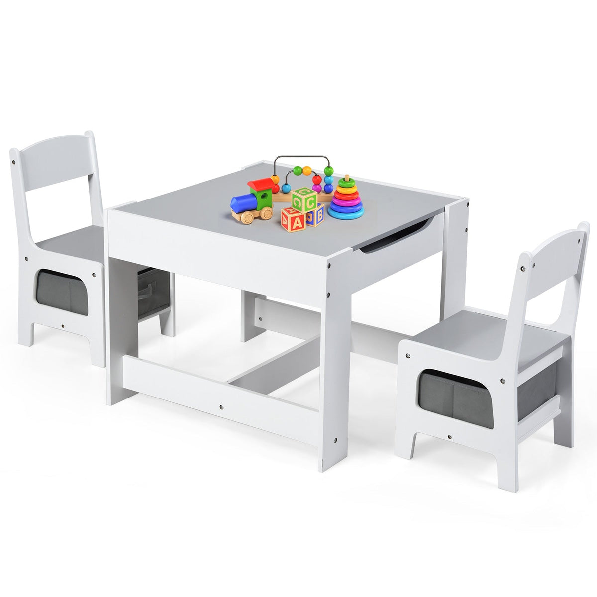 Kids Table Chairs Set With Storage Boxes Blackboard Whiteboard Drawing-White GBruno Store
