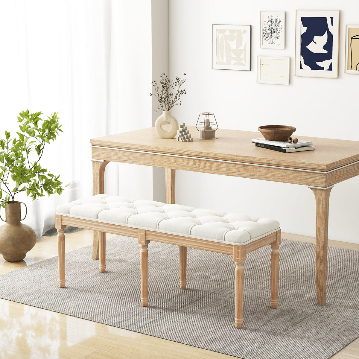 French Vintage Entryway Bench 47 Inch Upholstered Dining Bench