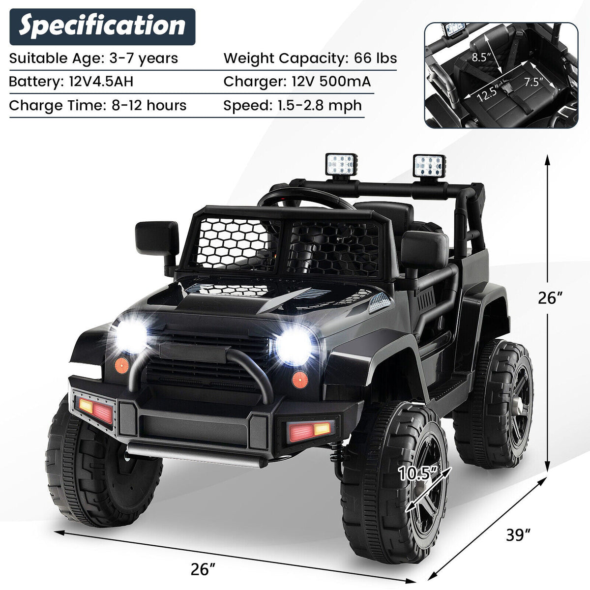12V Kids Ride On Truck with Remote Control and Headlights