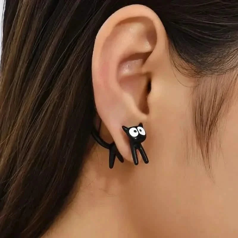 Black Cat Front And Back Stud Earrings For Women
