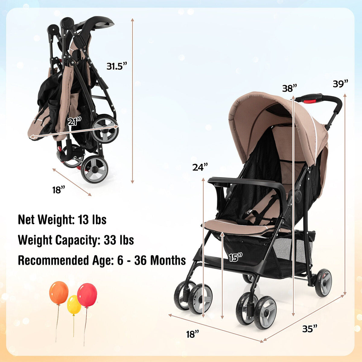 Toddler Travel Stroller for Airplane with Canopy and Adjustable Backrest-Coffee GBruno Store