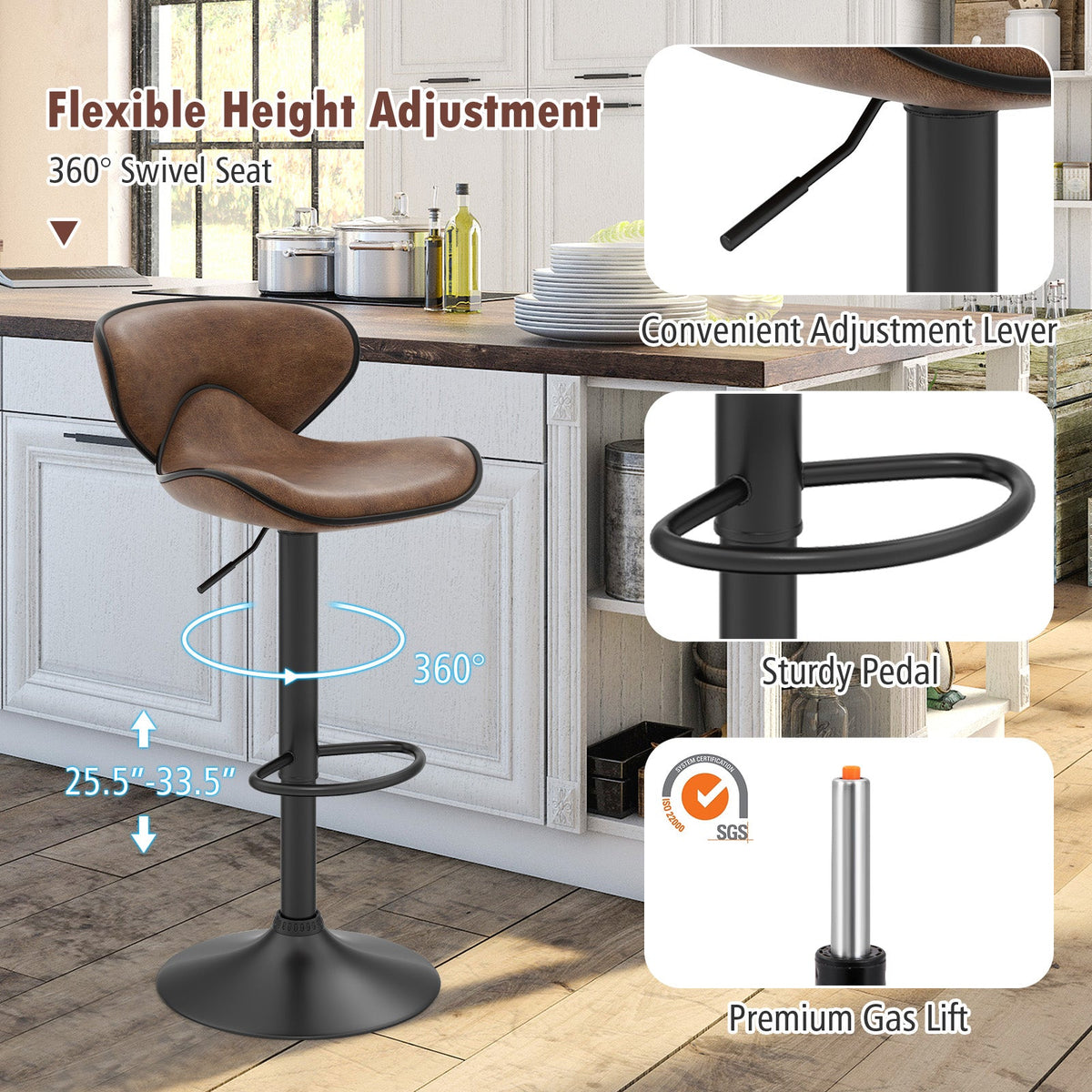 Set of 2 Adjustable Bar Stools Swivel Bar Chairs Pub Kitchen