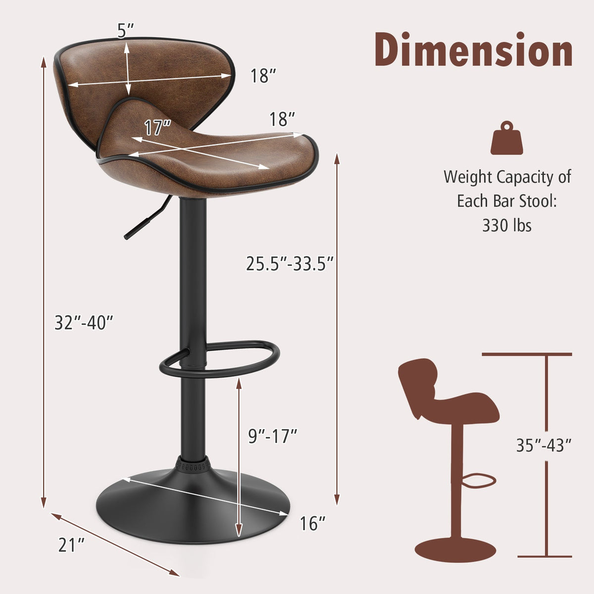 Set of 2 Adjustable Bar Stools Swivel Bar Chairs Pub Kitchen