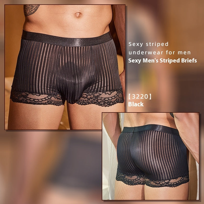 New Men's Lace Top See-through Striped Underpants