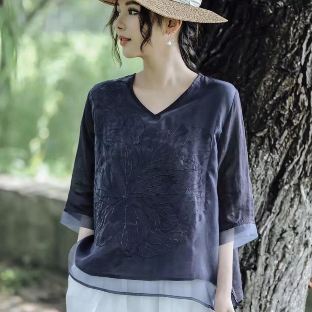 Machine Embroidery Cotton And Linen Shirt For Women