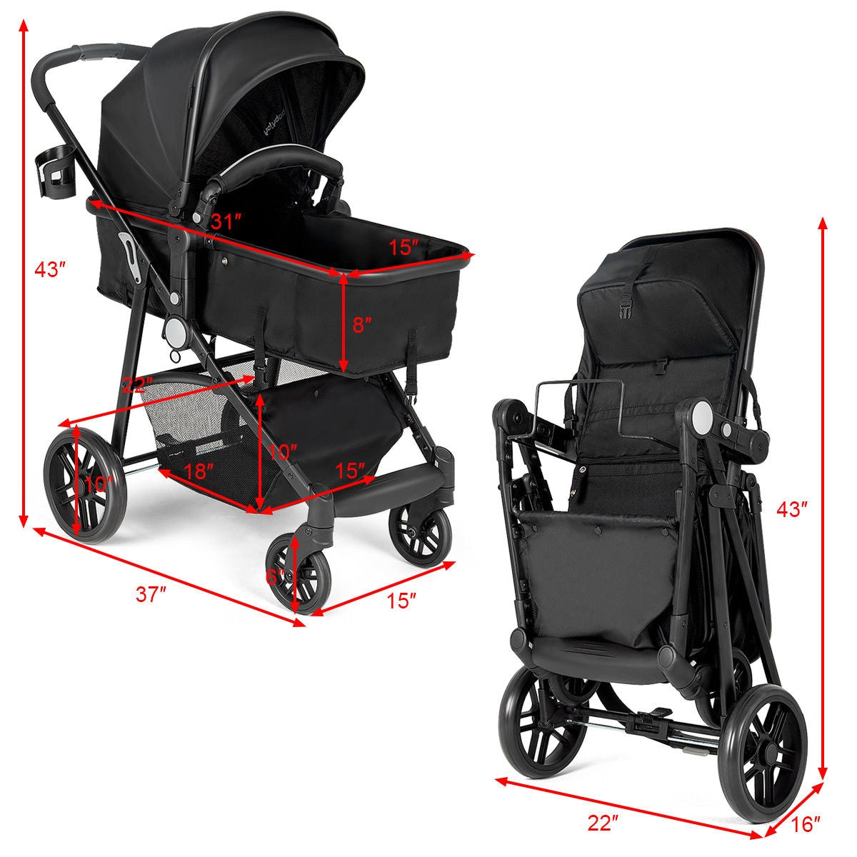 2-in-1 Foldable Pushchair Newborn Infant Baby Stroller-Black GBruno Store