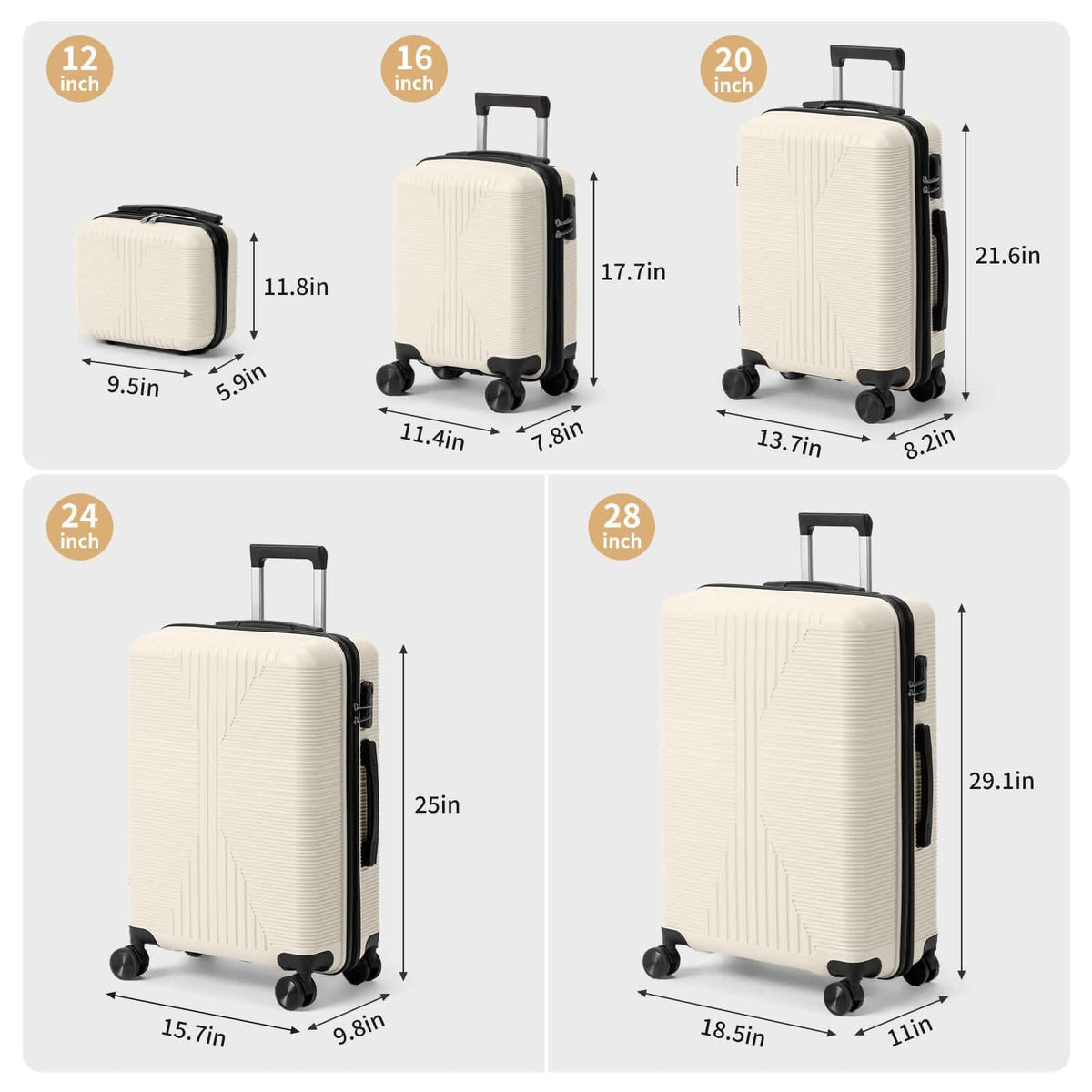 5-Piece Lightweight Luggage Set with Lock – 12/16/20/24/28 Inch