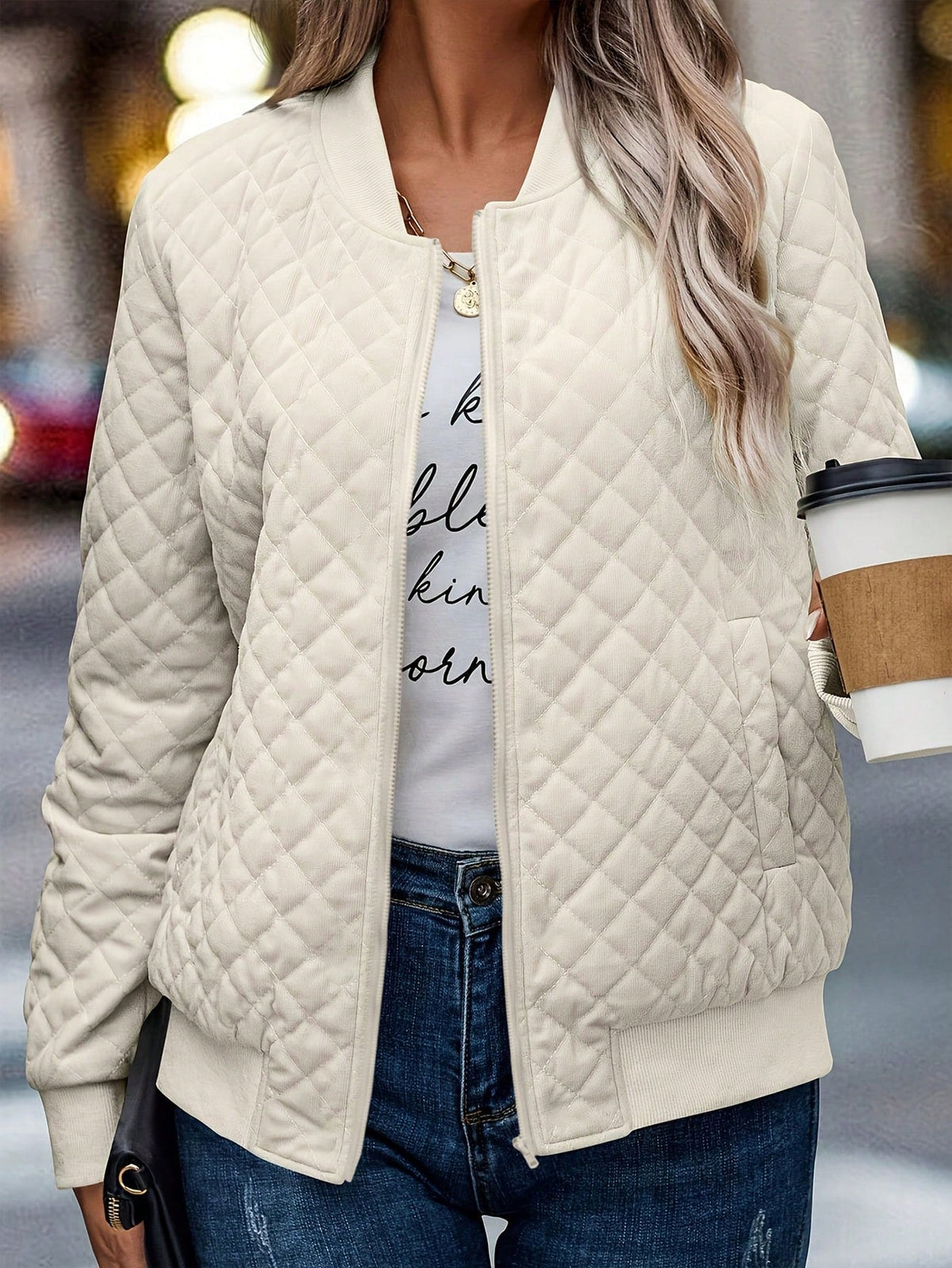 Women Woven Quilted Bomber Jacket Zip Up Stand Collar Lightweight Outerwear My Store