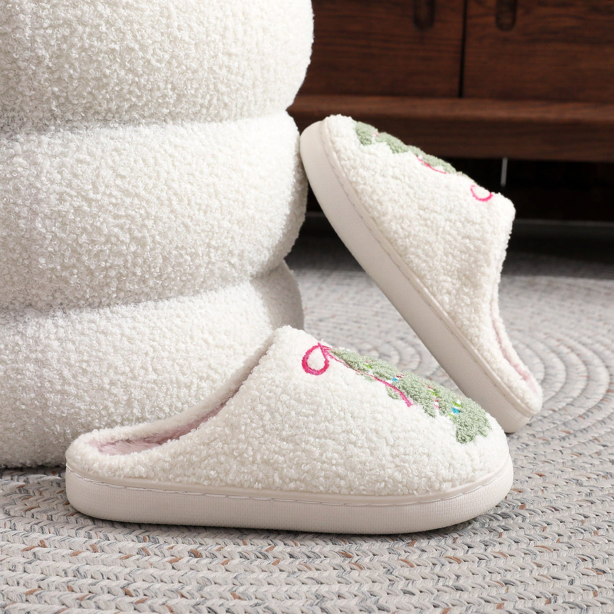 Fashion Bowknot Christmas Tree Cotton Slippers