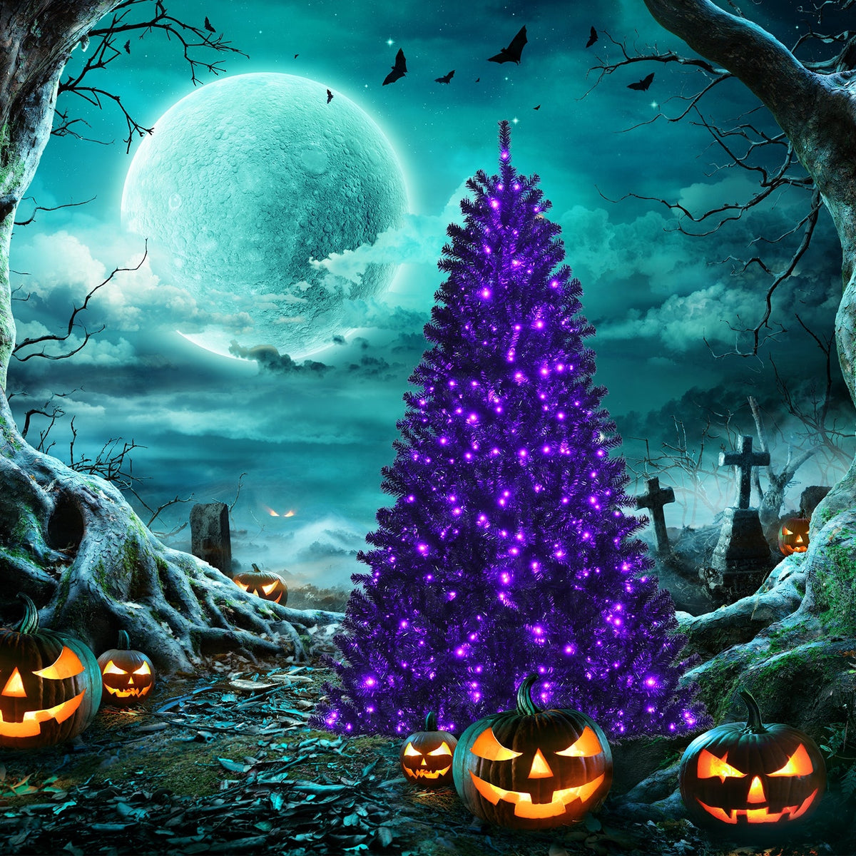 Black Artificial Christmas Halloween Tree with Purple LED Lights DirectDeals