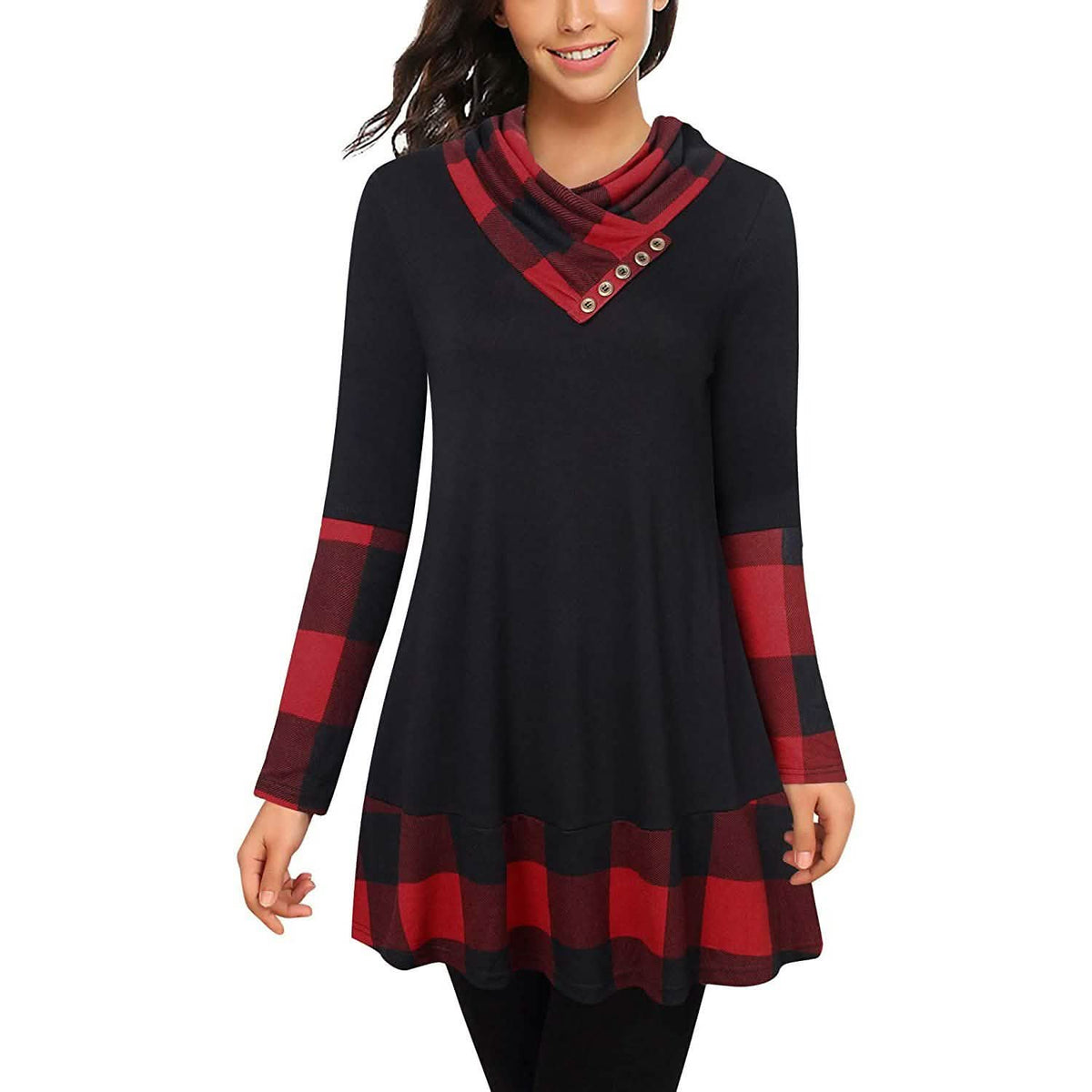 Cowl Neck Long Sleeve Patchwork Top