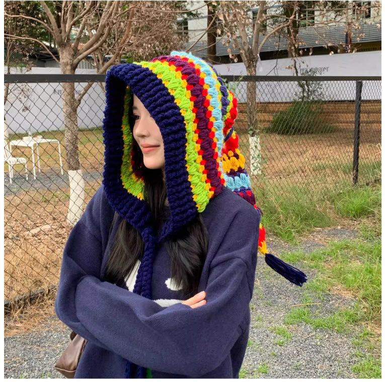 Ladies Coarse Yarn Rainbow Color Thickened Knitted Hat