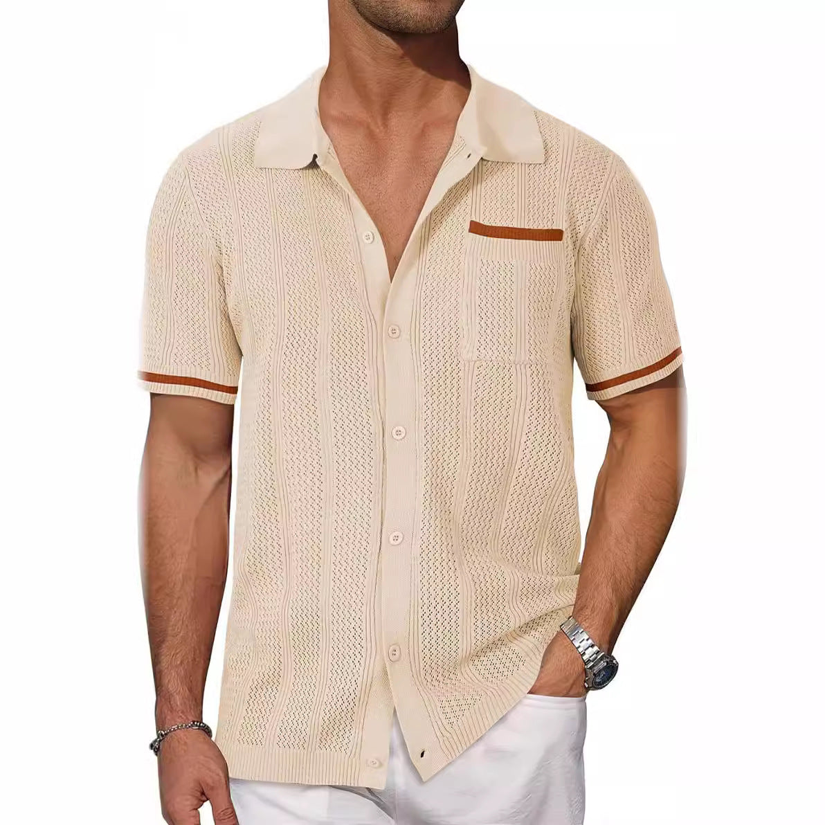 Men's Short Sleeve Pocket Hollow Summer Cardigan