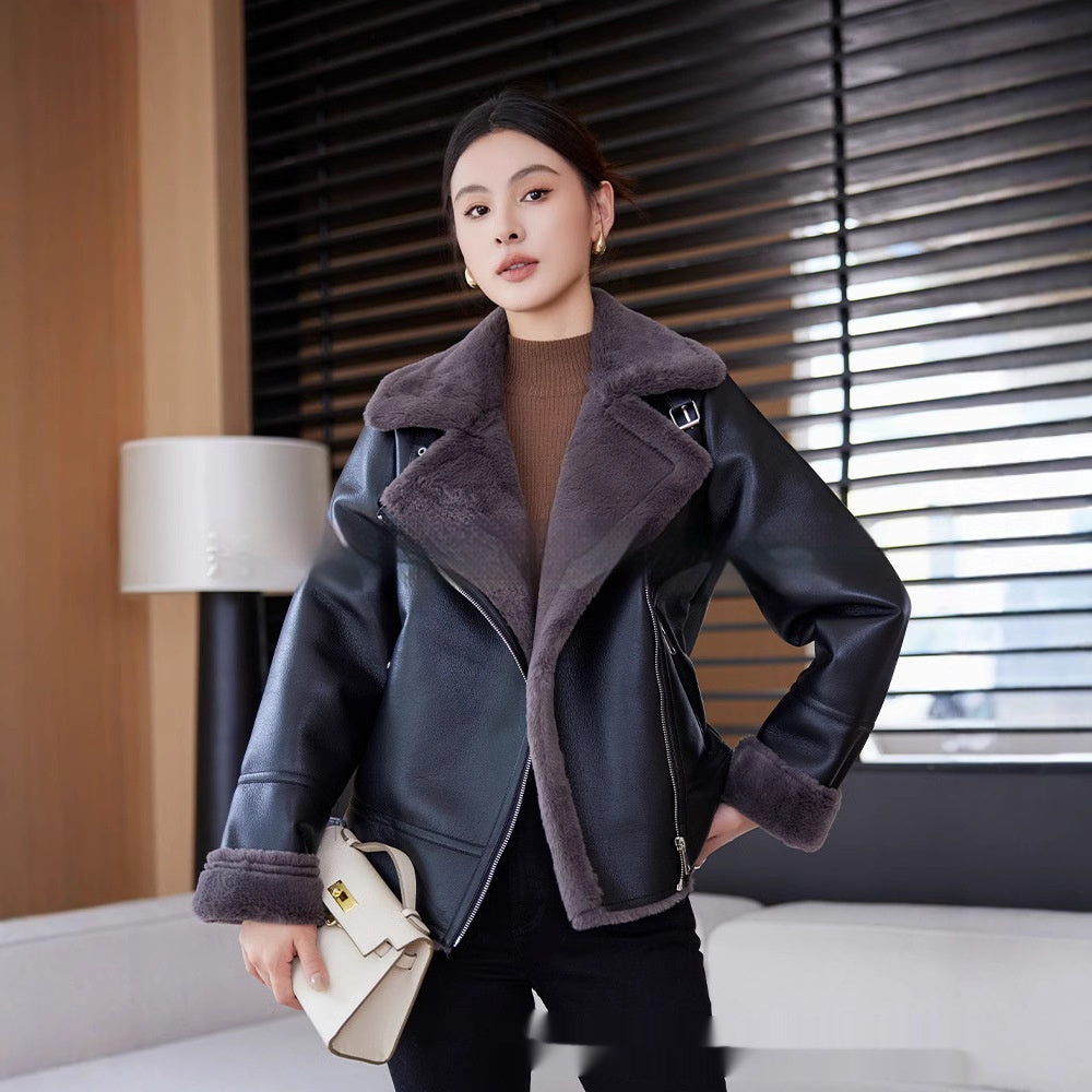 Fur Integrated Women's Mid-length Lamb Coat Winter Motorcycle Clothing