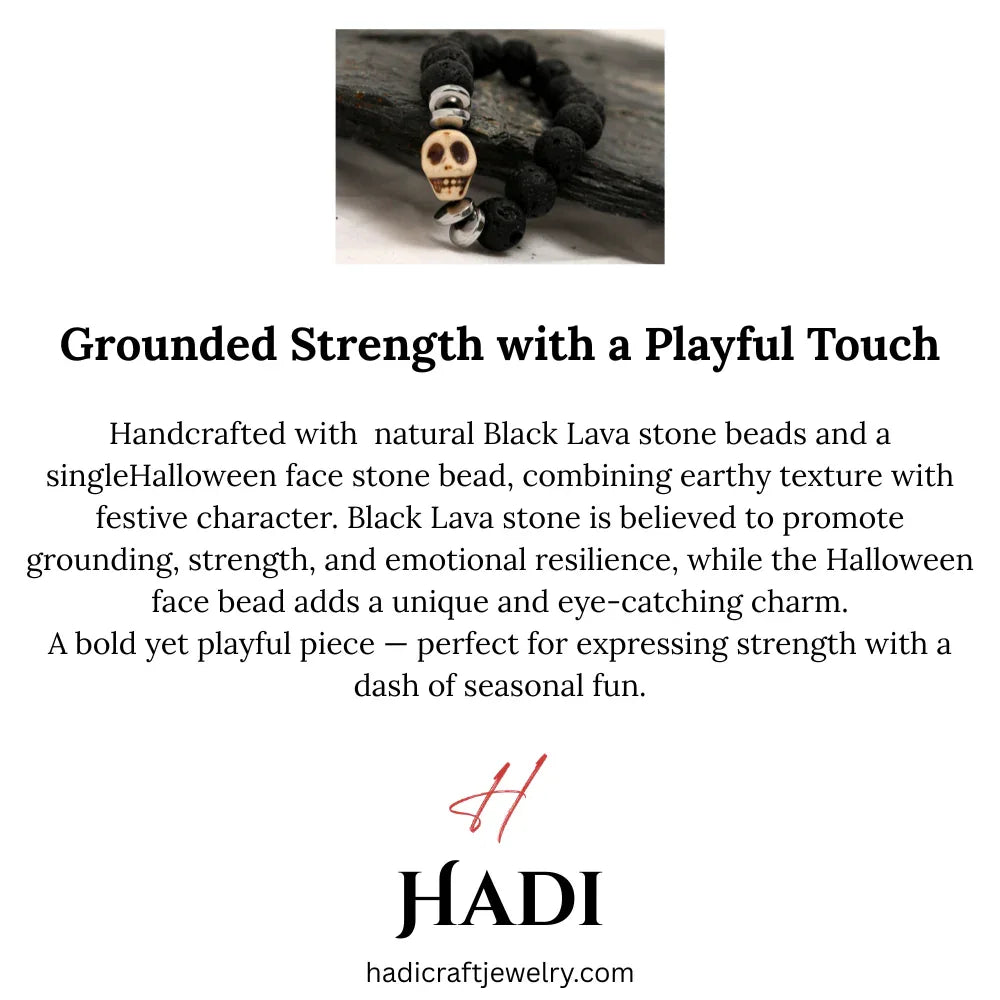 Skull Bracelet, Black Lava Stone Bracelet with Silver Spacer