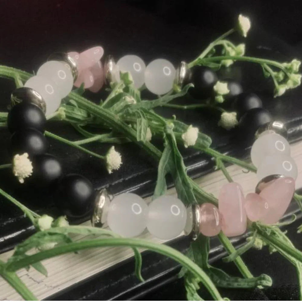 Natural Stone Beaded Bracelet – Black Onyx, White Jade