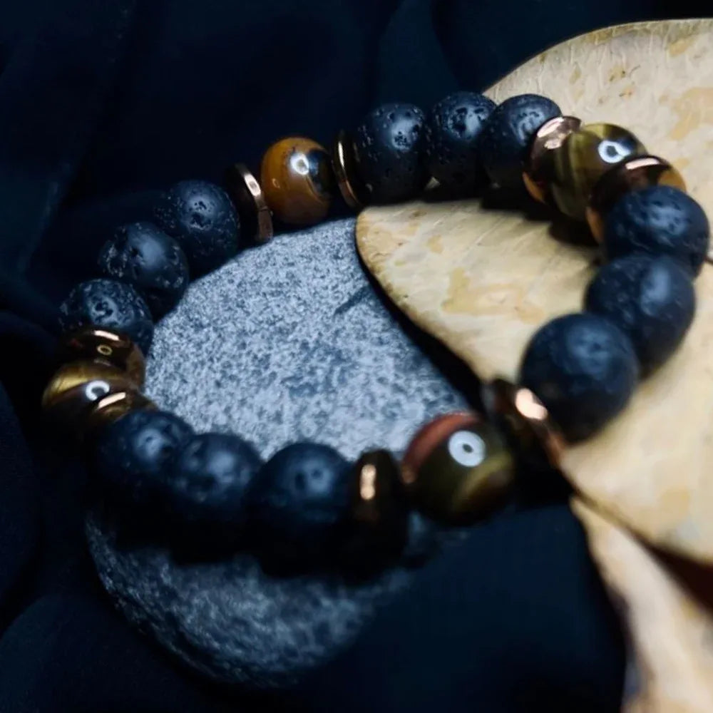 Black Lava & Tiger Eye Stone Bracelet with Copper Spacer