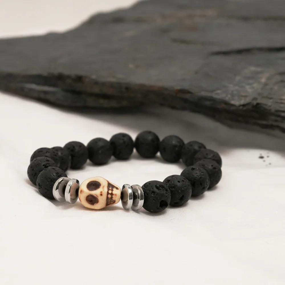 Skull Bracelet, Black Lava Stone Bracelet with Silver Spacer