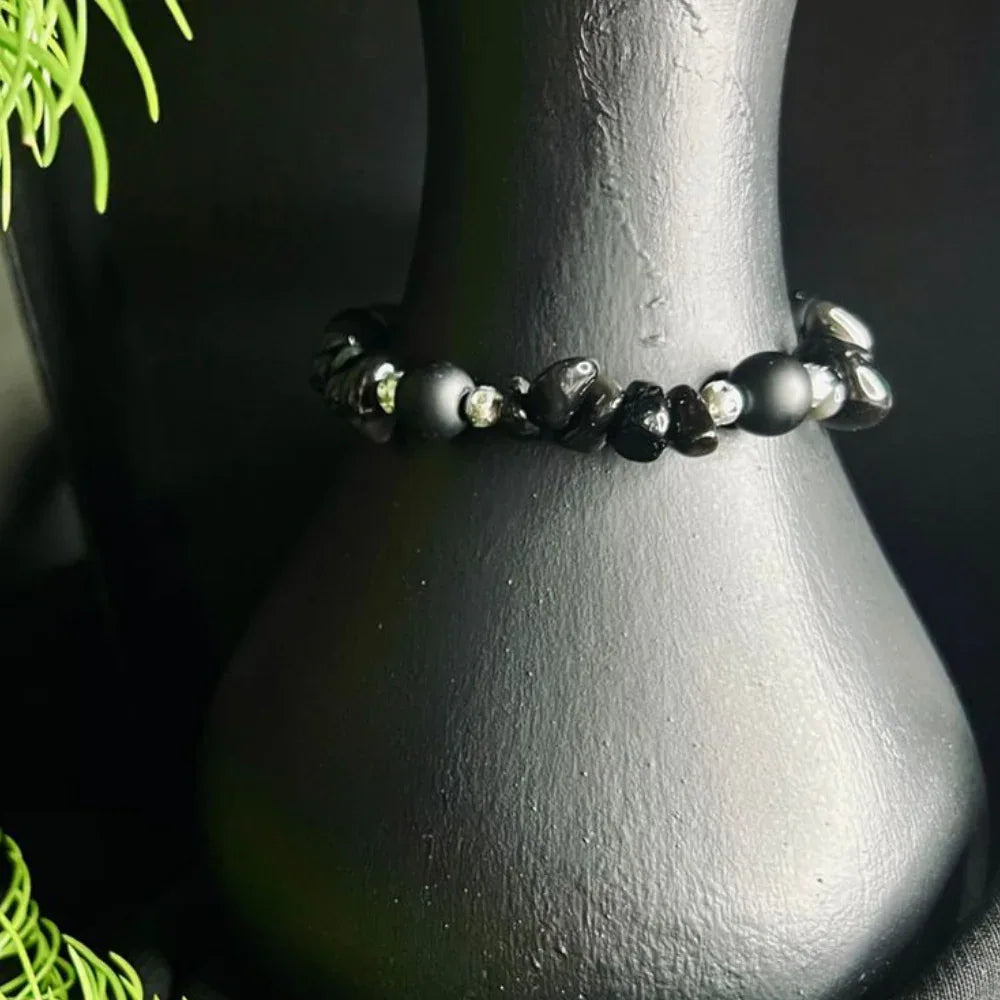 Boho Bracelet, Black Polished Stone Chip Bracelet  Natural Stone