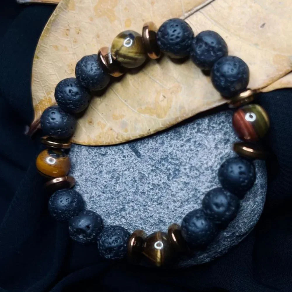 Black Lava & Tiger Eye Stone Bracelet with Copper Spacer