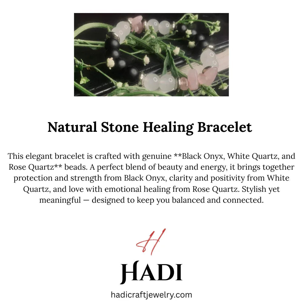 Natural Stone Beaded Bracelet – Black Onyx, White Jade