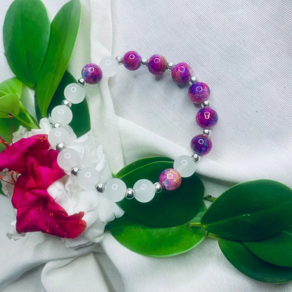 White and Purple Stone Bracelet with Silver Spacers, Stretch Bracelet