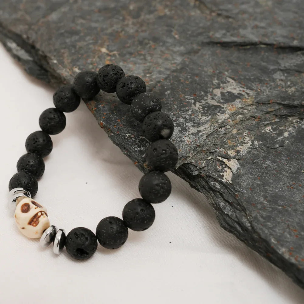 Skull Bracelet, Black Lava Stone Bracelet with Silver Spacer