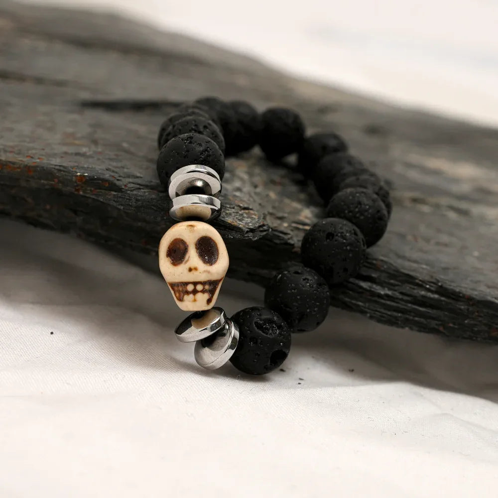 Skull Bracelet, Black Lava Stone Bracelet with Silver Spacer
