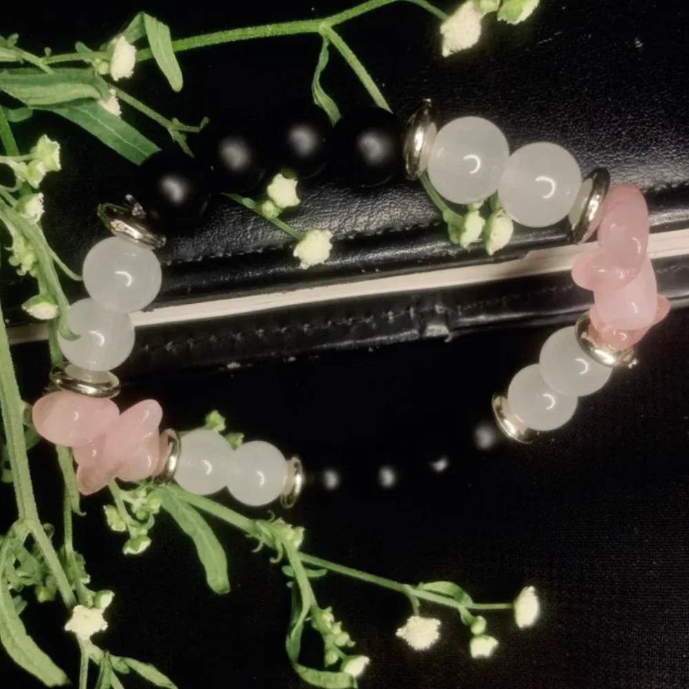 Natural Stone Beaded Bracelet – Black Onyx, White Jade