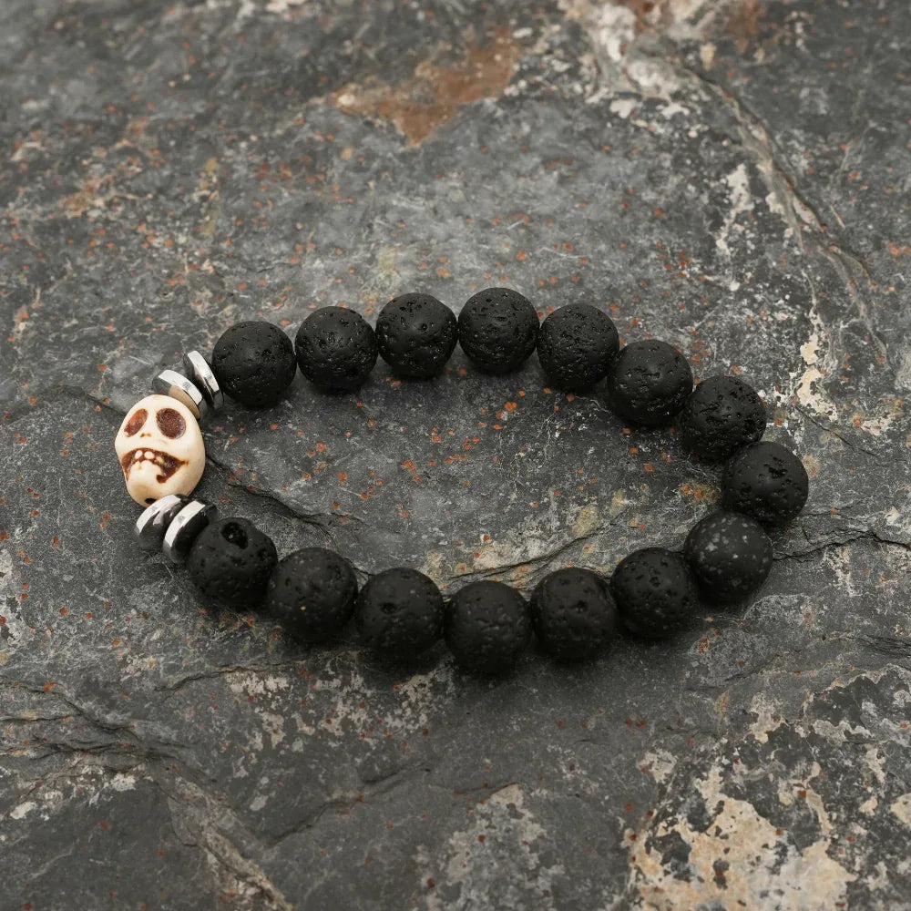 Skull Bracelet, Black Lava Stone Bracelet with Silver Spacer
