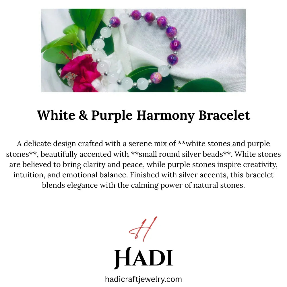 White and Purple Stone Bracelet with Silver Spacers, Stretch Bracelet
