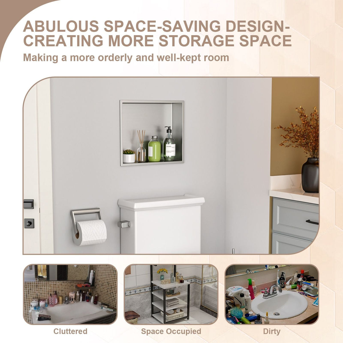 Brushed Stainless Steel Wall Shower  Niche , Double Recessed Shower Shelf for Bathroom