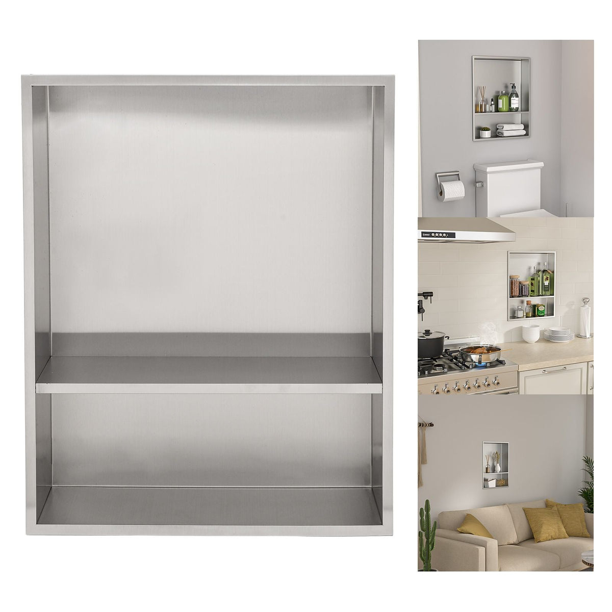 Brushed Stainless Steel Wall Shower  Niche , Double Recessed Shower Shelf for Bathroom