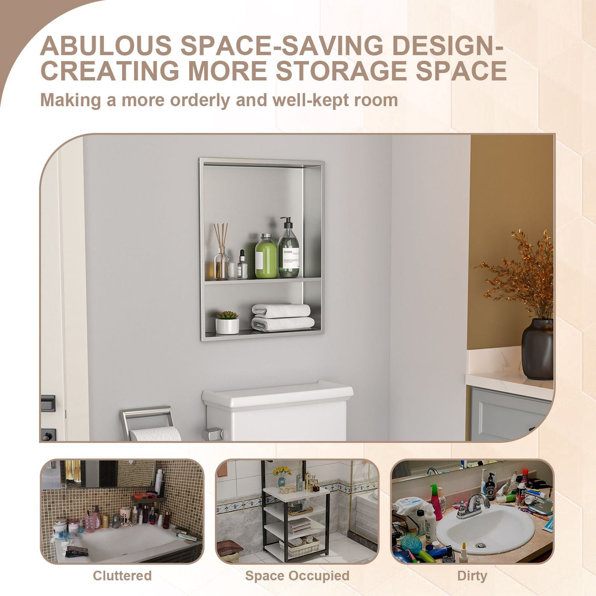 Brushed Stainless Steel Wall Shower  Niche , Double Recessed Shower Shelf for Bathroom