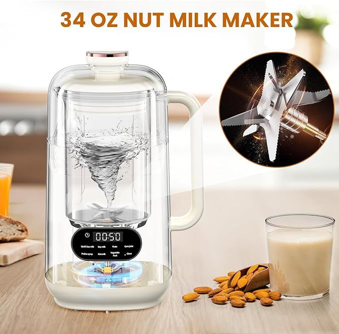 34oz Nut Milk Maker,8 in 1 Automatic Soy Milk Maker for Homemade Nut,Soy,Almond,Oat Milk,Fruit and Vegetable,Almond Milk Maker with Delay Start/Keep Warm/Self-Cleaning,White