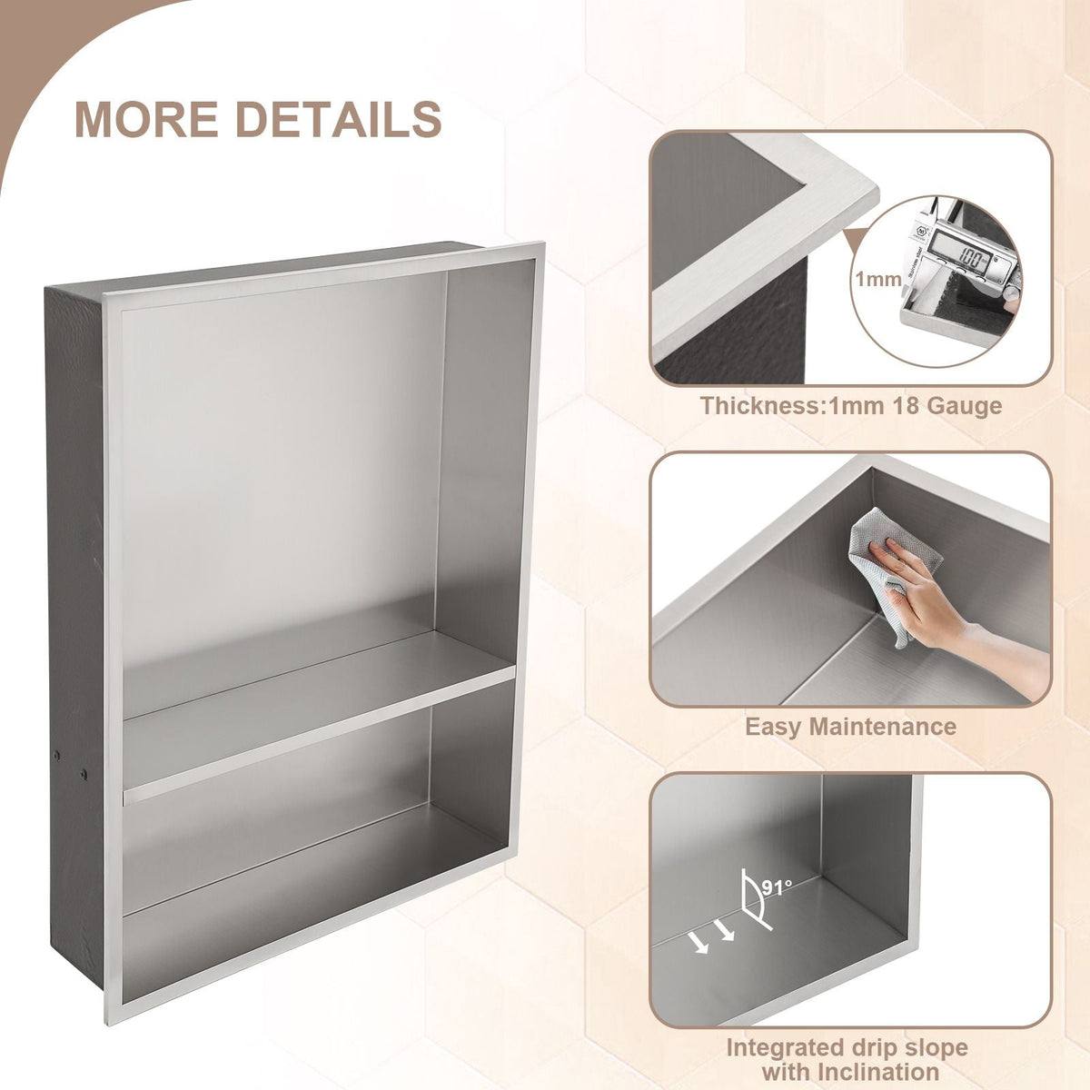 Brushed Stainless Steel Wall Shower  Niche , Double Recessed Shower Shelf for Bathroom