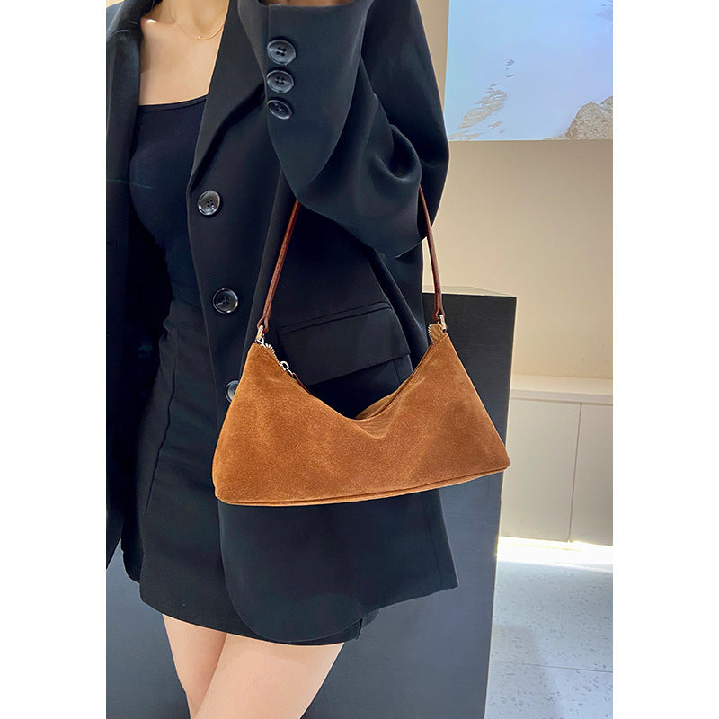 Retro Matte Top-grain Leather Niche Suede Shoulder Bag