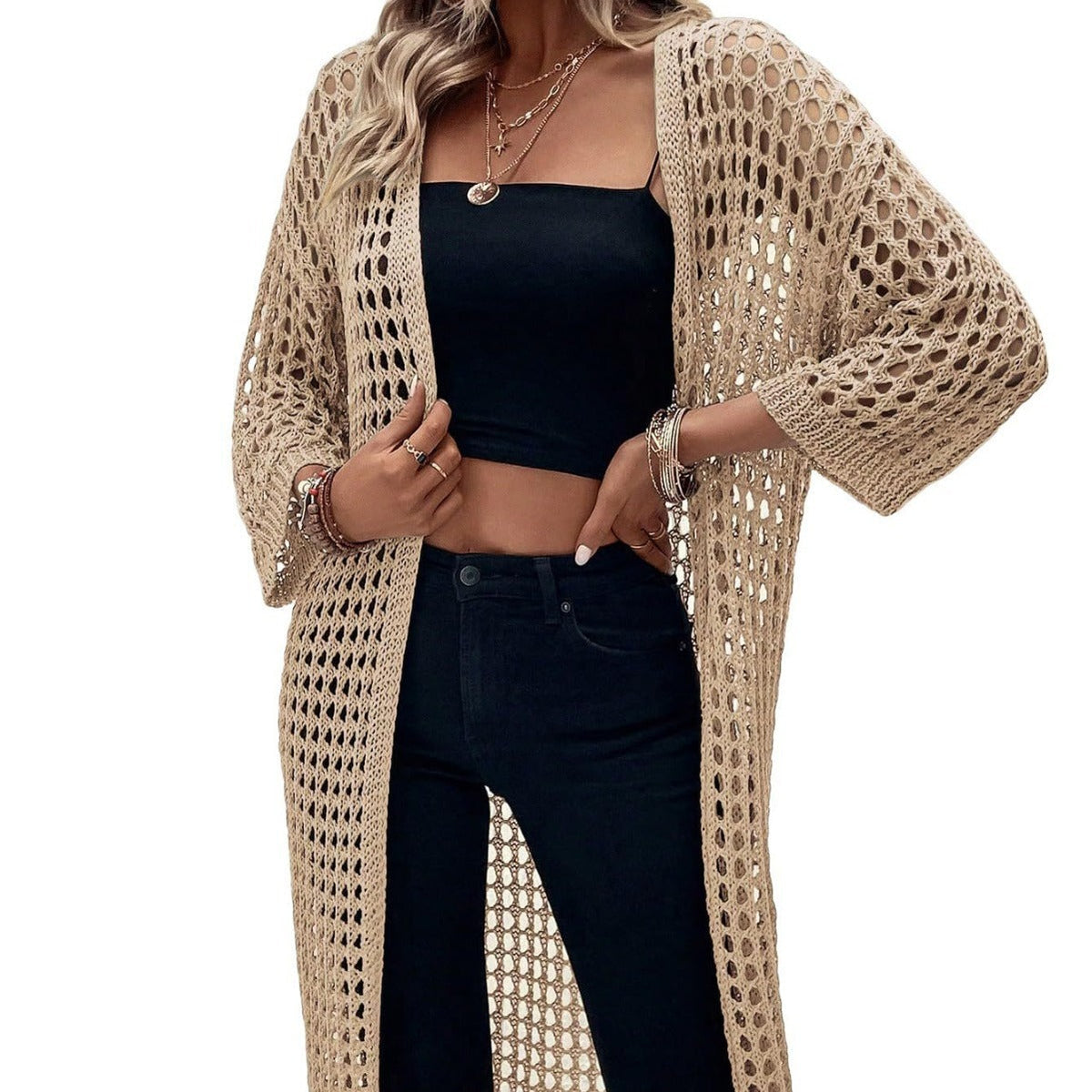Hollow Knitted Long Cardigan Women