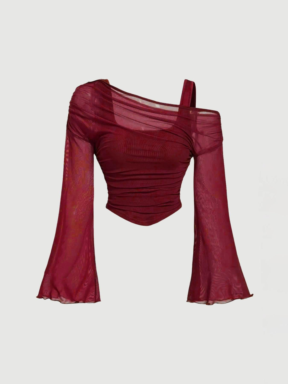 Mesh-Neck Pleated Long-Sleeve T-Shirt Top