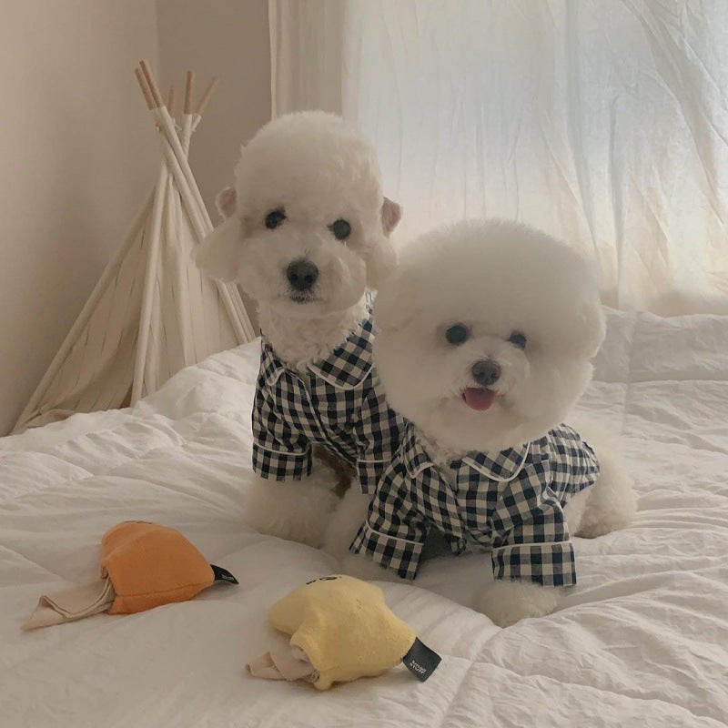 Korea Plaid Khaki Blue Pocket Pajamas For Dogs