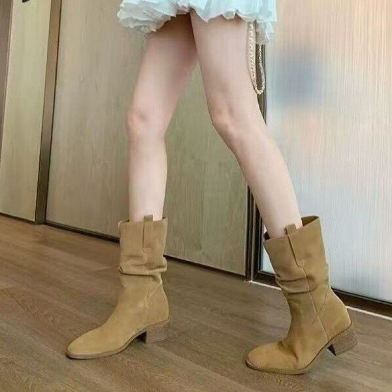 Autumn Western Pleated Short Single Women's Pile Style Boots