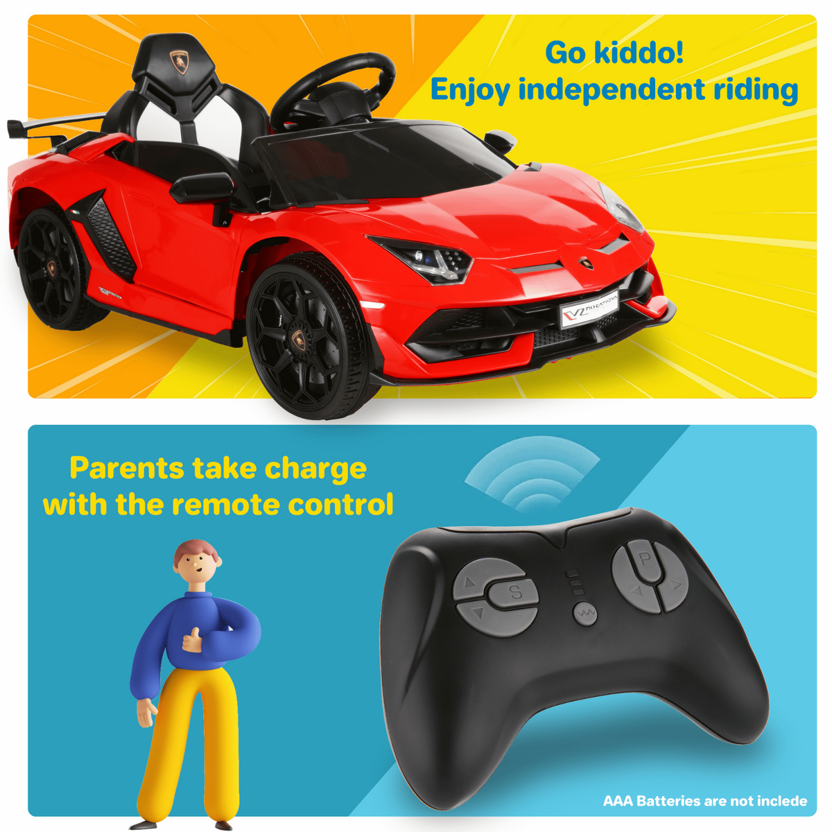 Electric Lamborghini Ride-On Car for Kids with Remote Control, LED Lights, and MP3 Player - 3 Speed Options