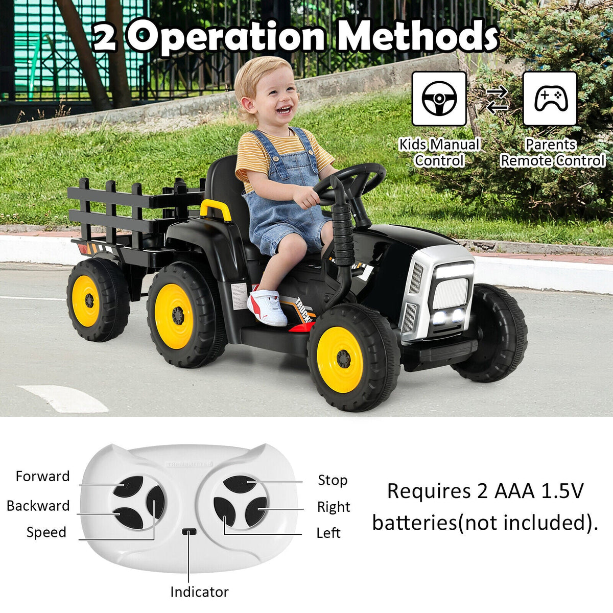 Electric Ride-on Tractor with Trailer for Kids - 3 Speeds & Remote Control - Black