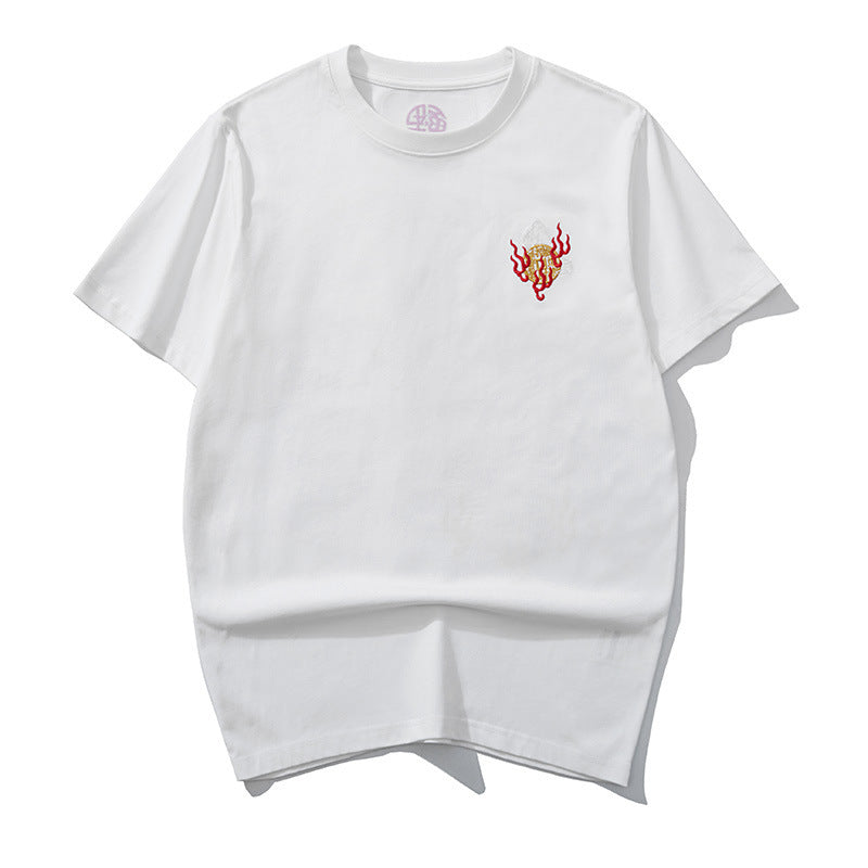 Embroidered Dragon Pattern Round Neck Cotton T-shirt