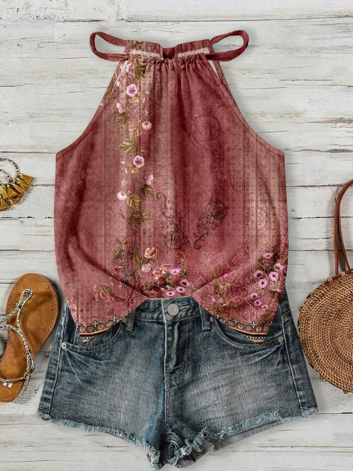 Womens Casual Resort-style Halter-neck Sleeveless Tank Top