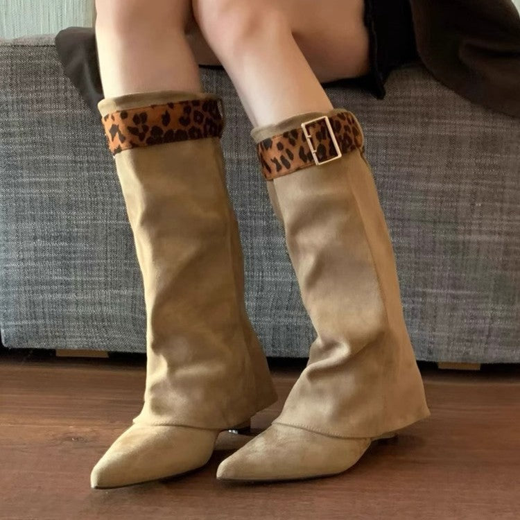 Retro Western Slimming Belt Buckle Middle Boots