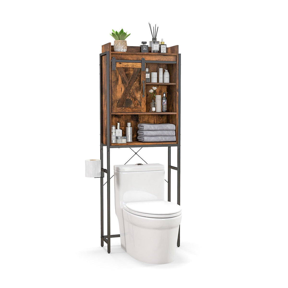 4-Tier Multifunctional Toilet Sorage Cabinet with Adjustable Shelf and Sliding Barn Door