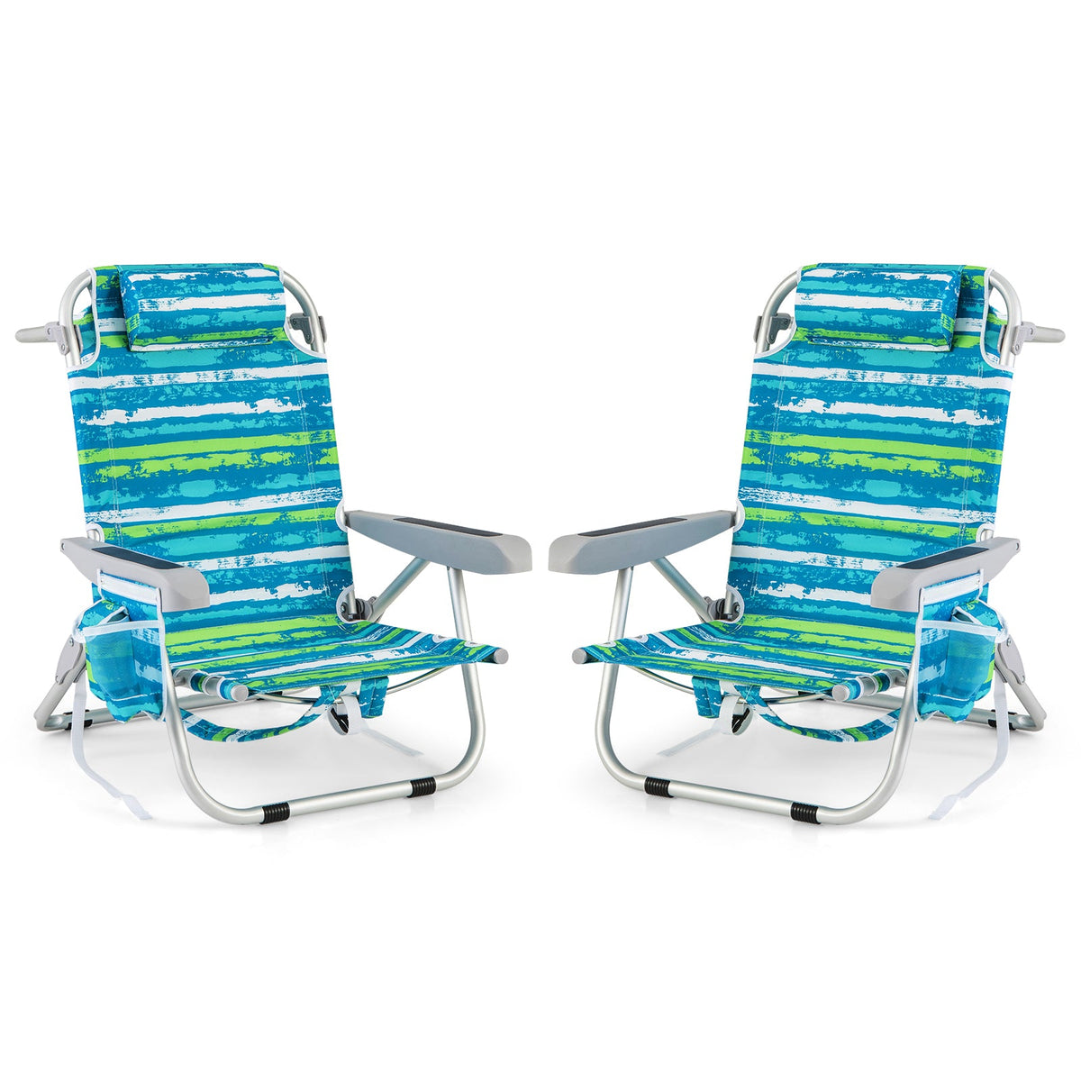 Foldable Backpack Beach Chair with Cup Holder and Storage Pockets Set of 2