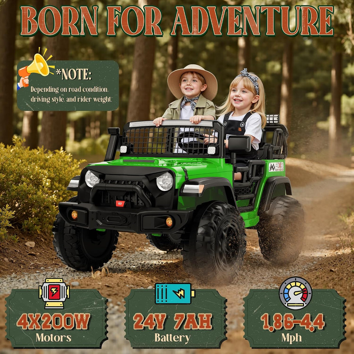 2-Seater Electric Ride-On Jeep for Kids with LED Lights and 24V Battery