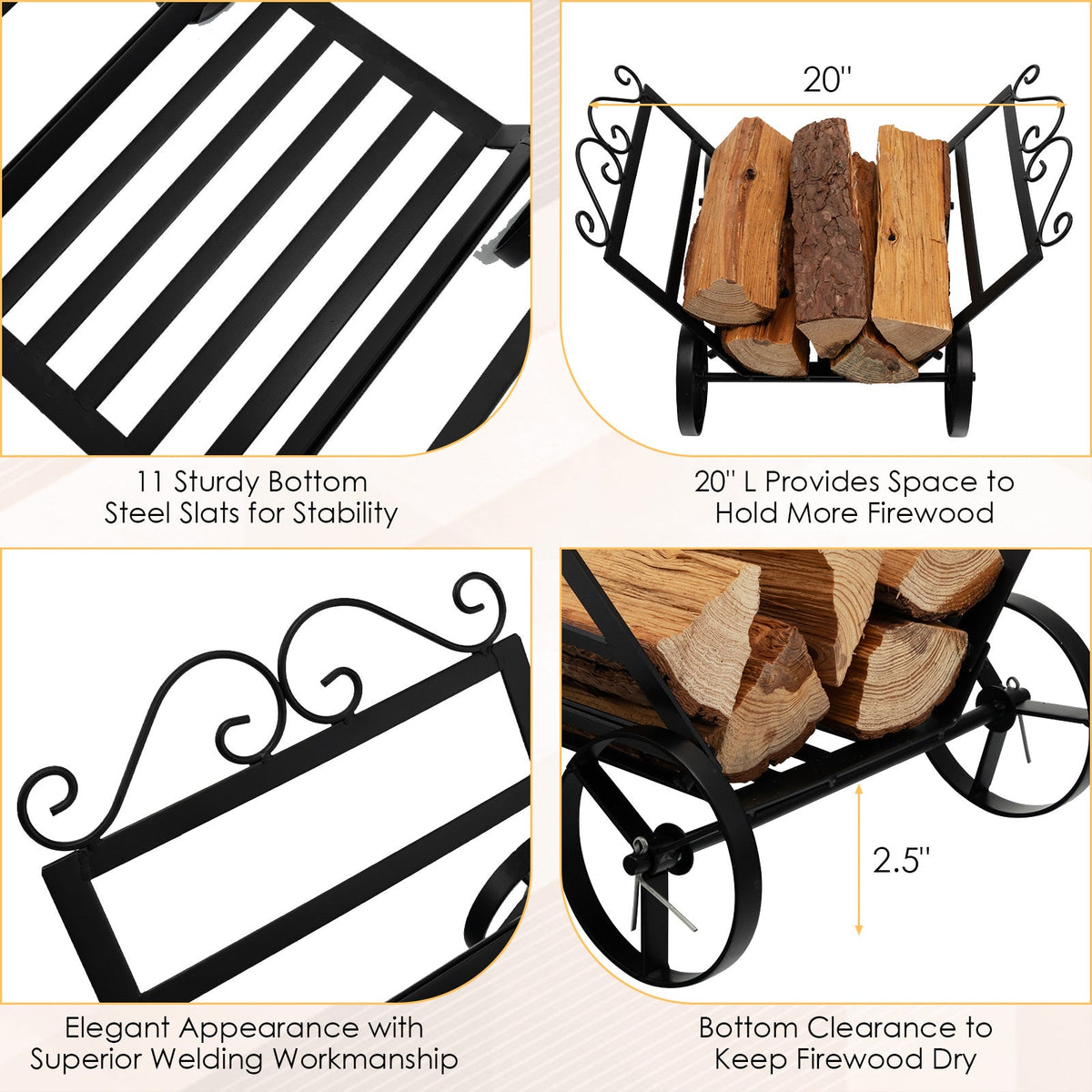 Firewood Rack Decorative Rustproof Steel Fireplace Log Holder with Wheels DirectDeals